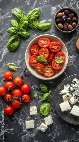 Fresh basil, cherry tomatoes, and mozzarella balls served in a bowl on a dark kitchen countertop