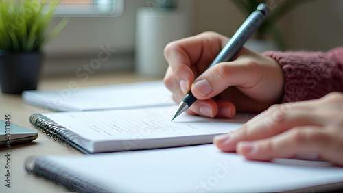 Close-up of a hand writing with a pen in a notebook, symbolizing focus, productivity, and personal journaling in a peaceful workspace