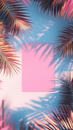 Vibrant palm leaves casting shadows on a bright pink blank canvas in a tropic...