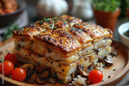 A serving of kulebyaka with a decorative pastry crust, filled with layers of fish, rice, and mushrooms. photo