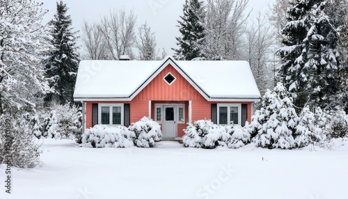 Winter in Canada blankets a small residential home in snow.