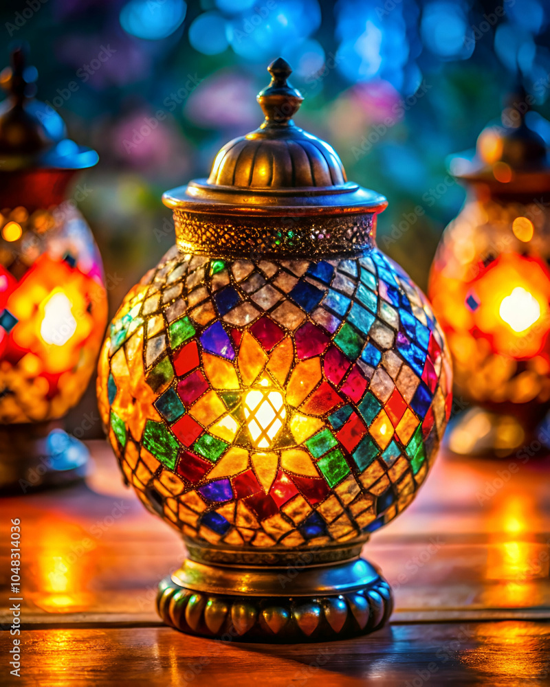Colorful mosaic lanterns glowing softly, showcasing intricate patterns, creating a warm and inviting atmosphere in a decorative setting. Colorful mosaic lanterns glowing softly, showcasing intricate patterns, creating a warm and inviting atmosphere in a decorative setting.