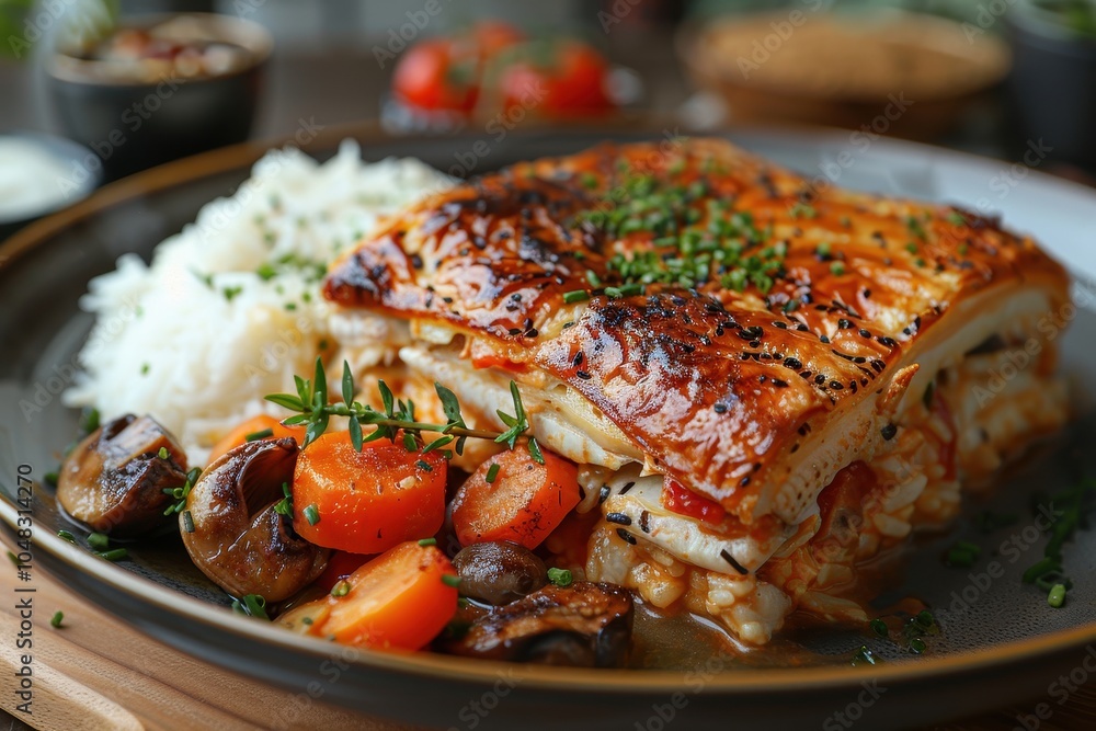 A serving of kulebyaka with a decorative pastry crust, filled with layers of fish, rice, and mushrooms. A serving of kulebyaka with a decorative pastry crust, filled with layers of fish, rice, and mushrooms.