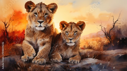 Two lione cubs watercolor illustration photo