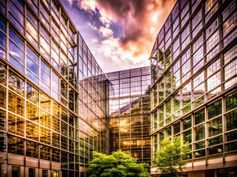 Fototapeta premium Vintage Style Architectural Wireframe of Modern Building Complex with Glass Facades and Levels