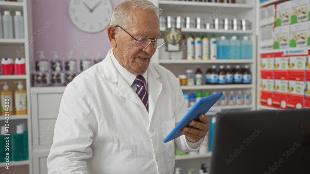 Elderly caucasian man in a pharmacy wearing a white coat and striped tie, using a blue tablet amidst various medical supplies on the shelves. Elderly caucasian man in a pharmacy wearing a white coat and striped tie, using a blue tablet amidst various medical supplies on the shelves.