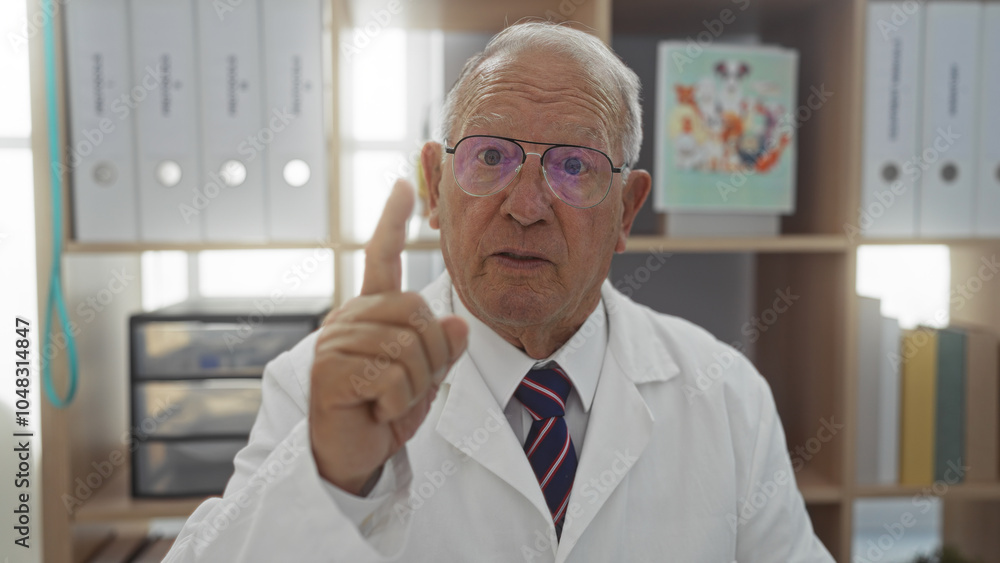 Elderly caucasian man in a clinic wearing a white lab coat and glasses, gesturing with his finger up as if explaining something, with bookshelves and office supplies in the background. Elderly caucasian man in a clinic wearing a white lab coat and glasses, gesturing with his finger up as if explaining something, with bookshelves and office supplies in the background.