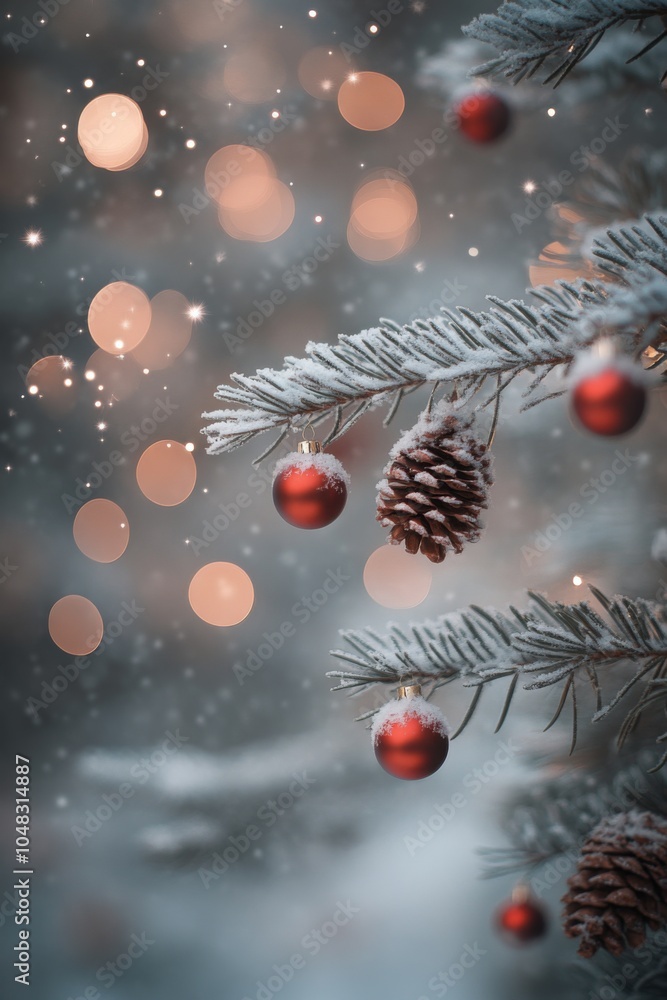 Charming Christmas Tree Close-Up with Frosted Pine Cones and Red Ornaments, Capturing a Magical Snowy Wonderland with Soft Bokeh Lights. Charming Christmas Tree Close-Up with Frosted Pine Cones and Red Ornaments, Capturing a Magical Snowy Wonderland with Soft Bokeh Lights.
