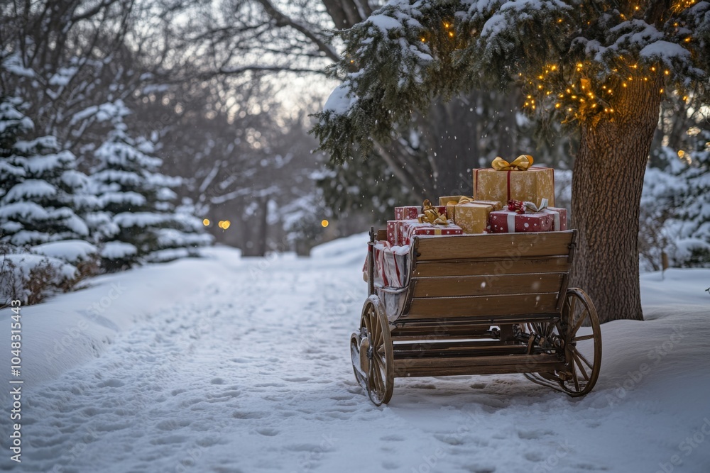 Winter Wonderland: Rustic Wooden Sleigh Overflowing with Colorful Christmas Gifts on a Snow-Covered Path, Twinkling Lights in the Background Winter Wonderland: Rustic Wooden Sleigh Overflowing with Colorful Christmas Gifts on a Snow-Covered Path, Twinkling Lights in the Background