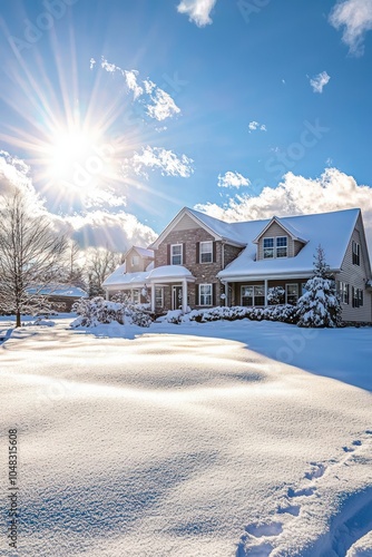 Wallpaper Mural Snow-covered suburban residence illuminated by sunlight on a chilly winter day. Torontodigital.ca