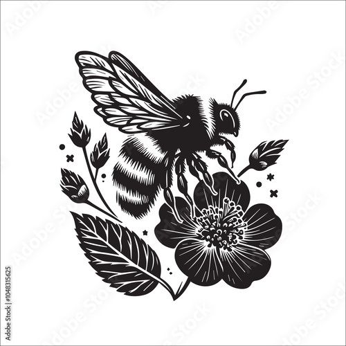 Bumble Bee Flower Clipart SVG black and white silhouette Vector Design