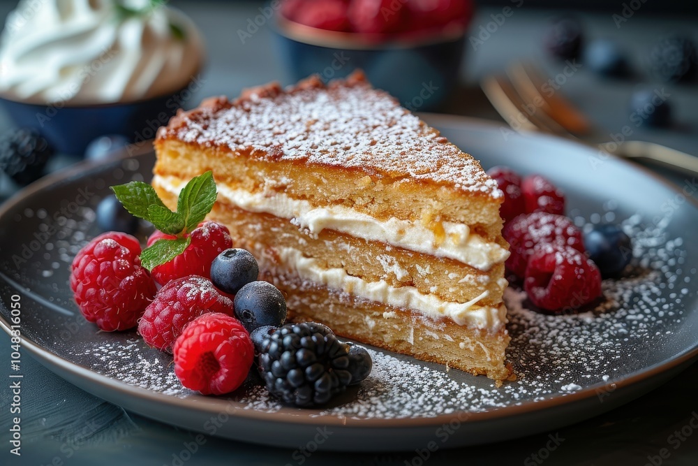 A serving of medovik, Russian honey cake, with a side of whipped cream and fresh berries. A serving of medovik, Russian honey cake, with a side of whipped cream and fresh berries.