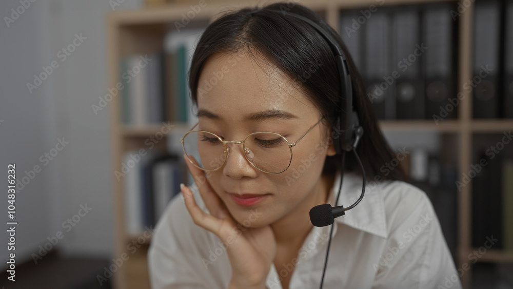 Young chinese woman wearing glasses and a headset, working indoors in an office setting with shelves of documents in the background Young chinese woman wearing glasses and a headset, working indoors in an office setting with shelves of documents in the background