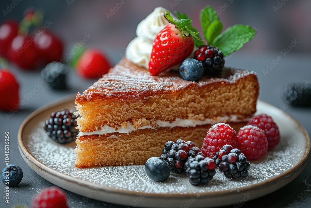 A serving of medovik, Russian honey cake, with a side of whipped cream and fresh berries. A serving of medovik, Russian honey cake, with a side of whipped cream and fresh berries.