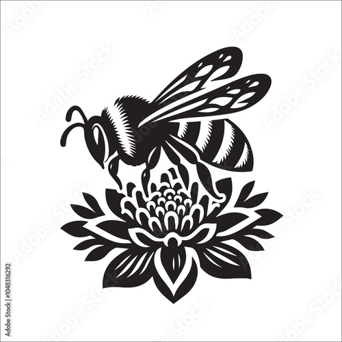 Bumble Bee Flower Clipart SVG black and white silhouette Vector Design