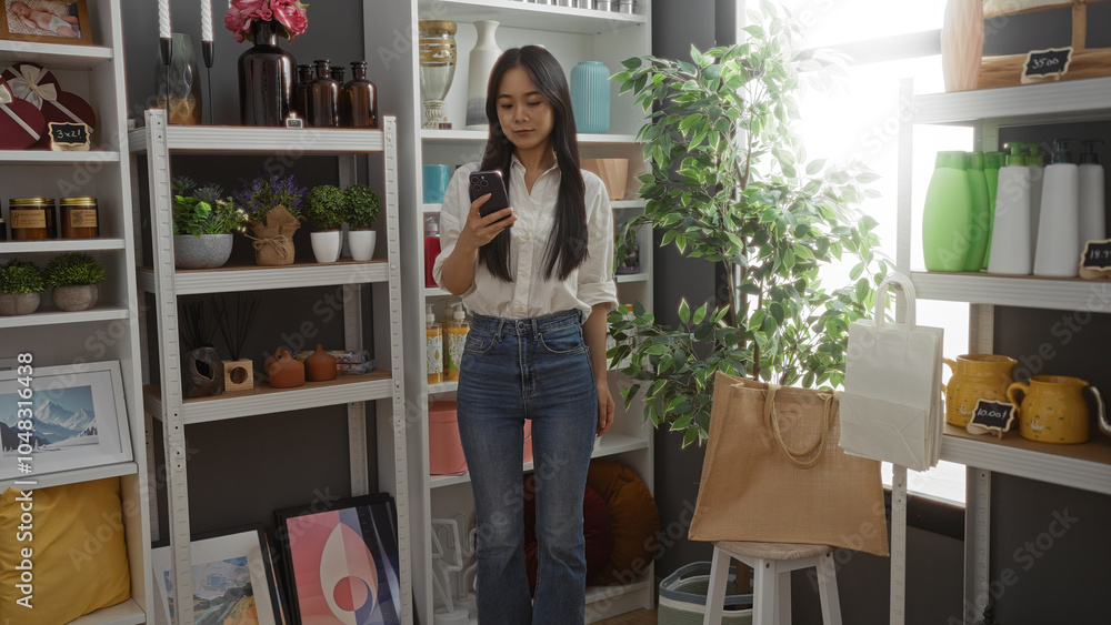 Young chinese woman browsing on her phone while standing in a beautifully decorated home decor store filled with various ornamental items. Young chinese woman browsing on her phone while standing in a beautifully decorated home decor store filled with various ornamental items.