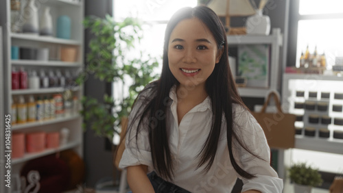 Woman smiling indoors with long hair in a decor store with shelves of items in the background Free Download Woman smiling indoors with long hair in a decor store with shelves of items in the background - GFXLoad