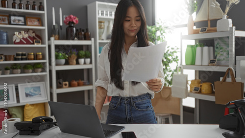 Young chinese woman analyzing paper in an attractive home decor store filled with various decorations and plants, highlighting a well-organized and stylish indoor setting.