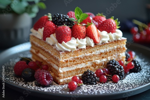 A serving of medovik, Russian honey cake, with a side of whipped cream and fresh berries.