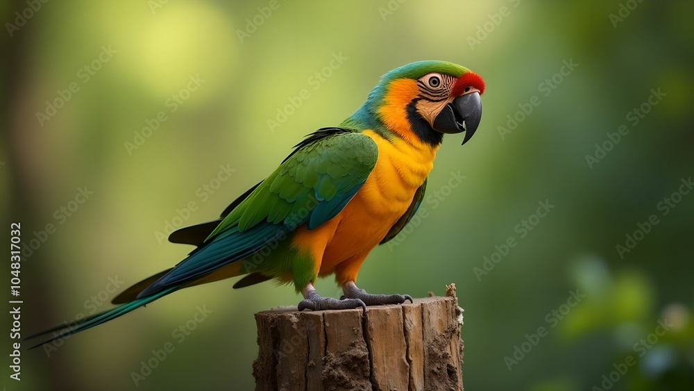 Obraz premium A parrot sits on a tree stump