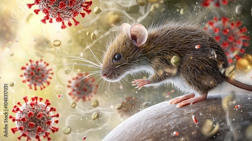 Hantavirus Transmission Mouse Close Up with Virus Particles Medical Illustration