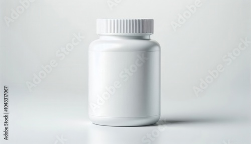 A blank white plastic bottle with a white cap, isolated on a white background...Concept: This image showcases a blank white plastic bottle, perfect for showcasing product branding or designs,