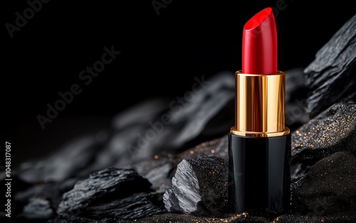 A vibrant red lipstick is perched atop a large pile of black rocks photo