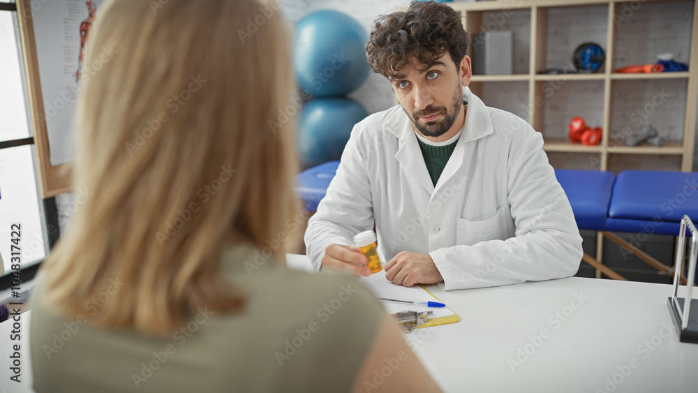 Obraz premium A male doctor prescribes medication to a female patient inside a medical clinic.