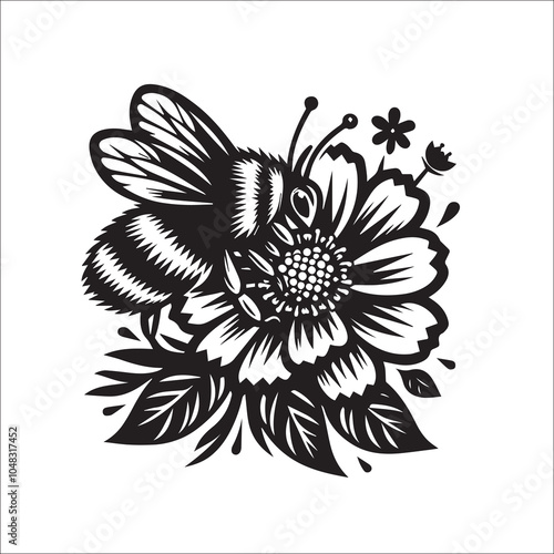 Bumble Bee Flower Clipart SVG black and white silhouette Vector Design