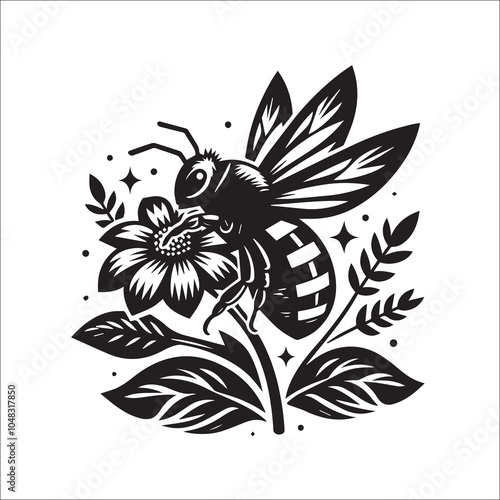 Bumble Bee Flower Clipart SVG black and white silhouette Vector Design