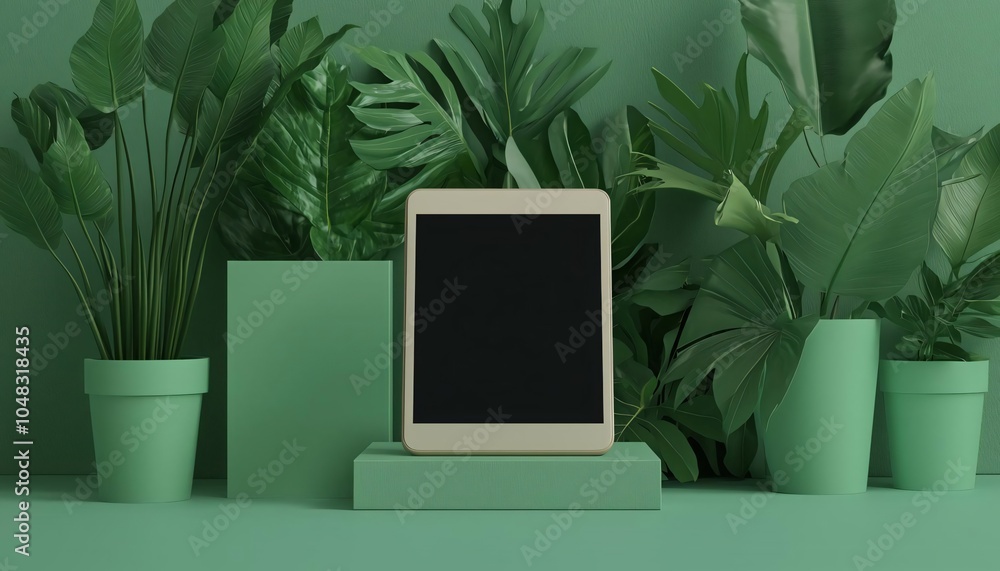 Modern tablet on green backdrop with lush plants, ideal for nature-themed technology concepts and digital artwork. Modern tablet on green backdrop with lush plants, ideal for nature-themed technology concepts and digital artwork.