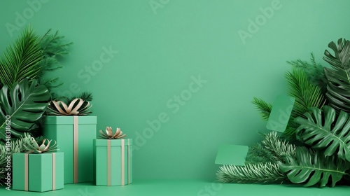 Stylish green gifts with decorative ribbons and lush foliage on a vibrant green background, perfect for holiday celebrations. photo