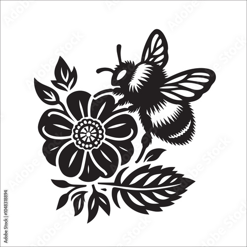 Bumble Bee Flower Clipart SVG black and white silhouette Vector Design