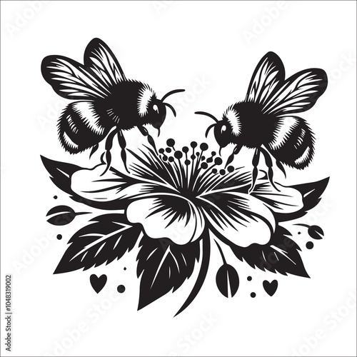 Bumble Bee Flower Clipart SVG black and white silhouette Vector Design