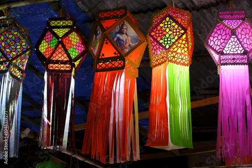 Series of colourful aakash kandil lights displayed in Pune city area, during Diwali Festival. photo