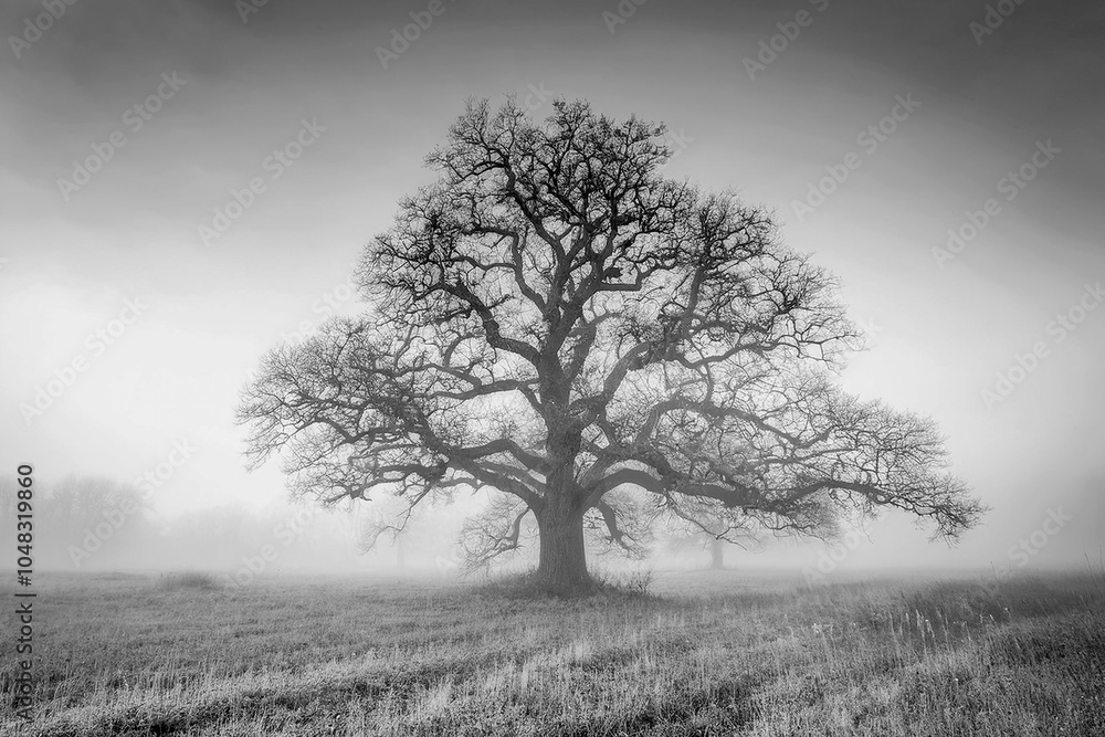 Autumn light - an oak tree in the thick morning fog
