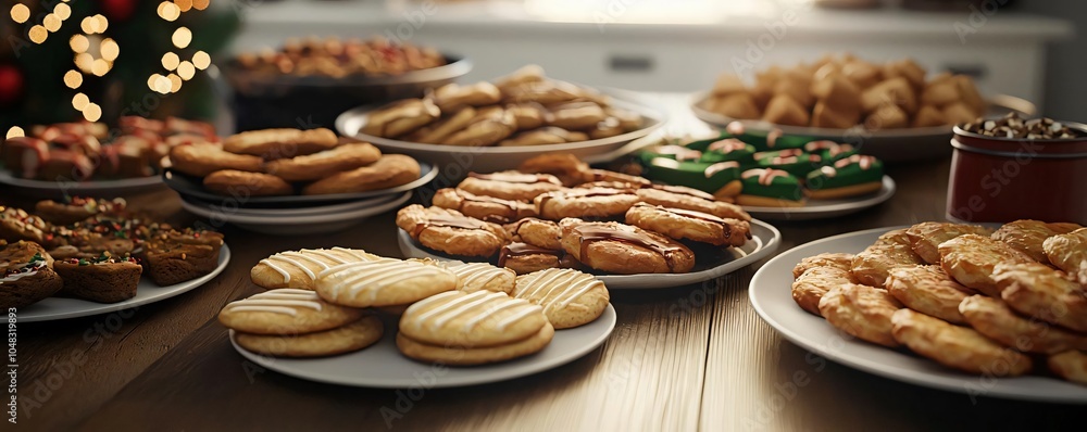 A delicious assortment of festive cookies displayed on plates, perfect for holiday celebrations and gatherings. A delicious assortment of festive cookies displayed on plates, perfect for holiday celebrations and gatherings.