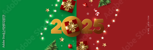 Merry Christmas and happy new year 2025 greetring card banner with festive decoration for christmas