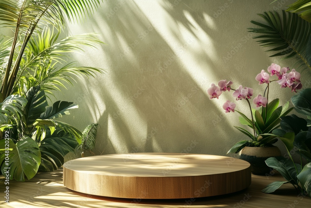 Wooden Podium Display with Green Plants and Pink Orchid Flowers Wooden Podium Display with Green Plants and Pink Orchid Flowers