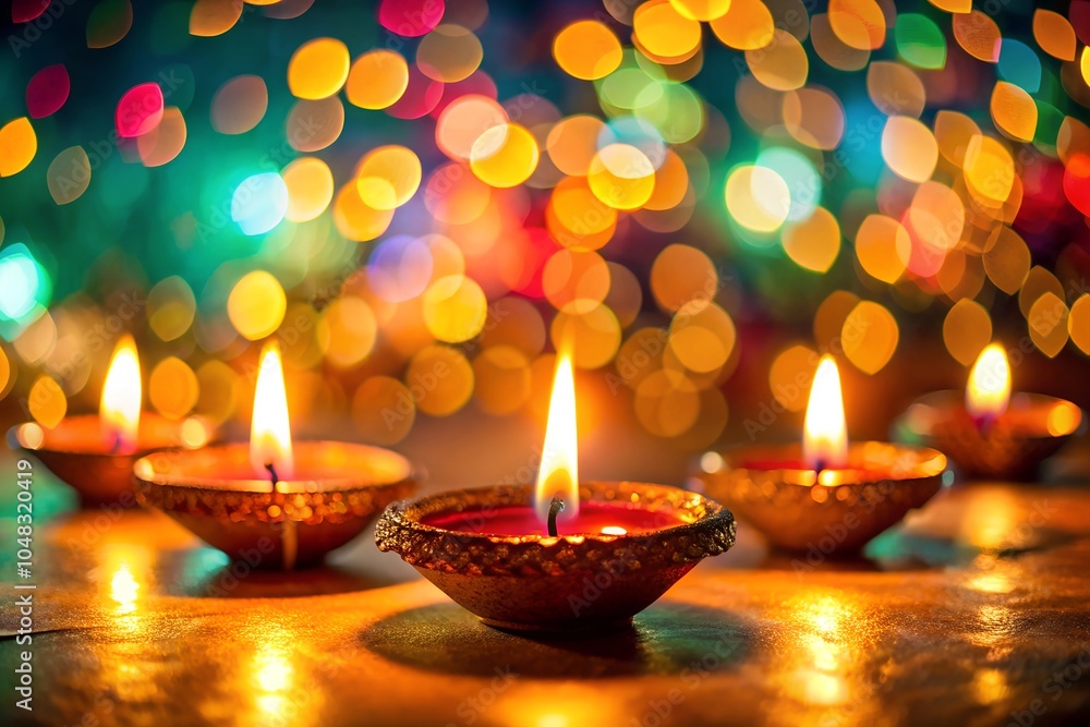 Vibrant Diwali candles with colorful bokeh lights in the background, capturing the festive spirit and warmth of celebration. Vibrant Diwali candles with colorful bokeh lights in the background, capturing the festive spirit and warmth of celebration.