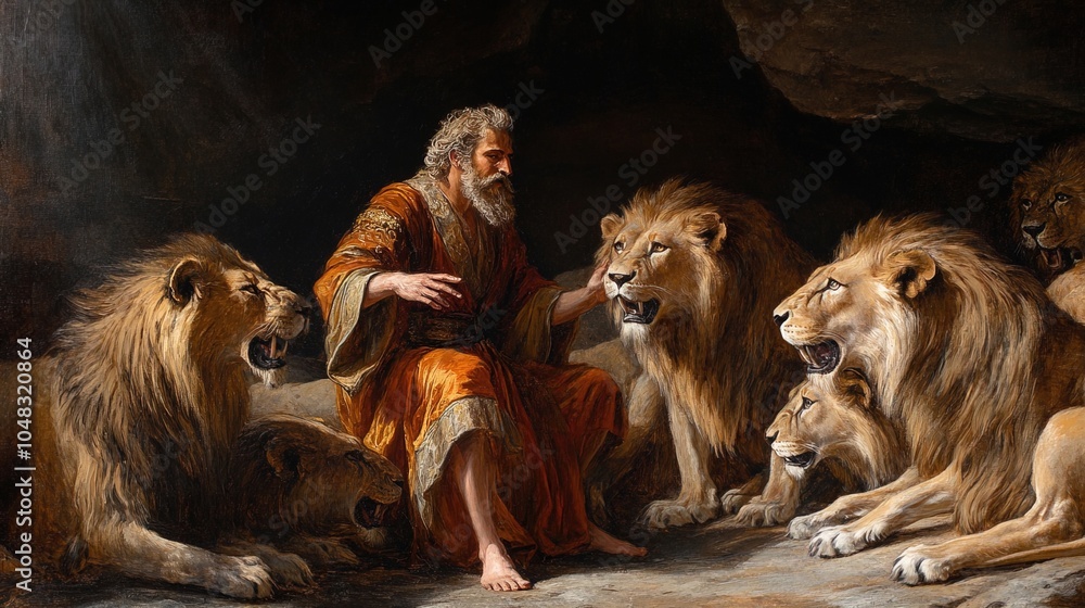 a story from the Old Testament: the prophet Daniel is in a pit with lions who cannot harm him