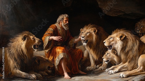 Obraz na płótnie a story from the Old Testament: the prophet Daniel is in a pit with lions who cannot harm him w salonie