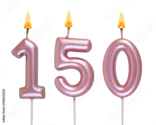 Burning pink birthday candles isolated on white background, number 250 photo