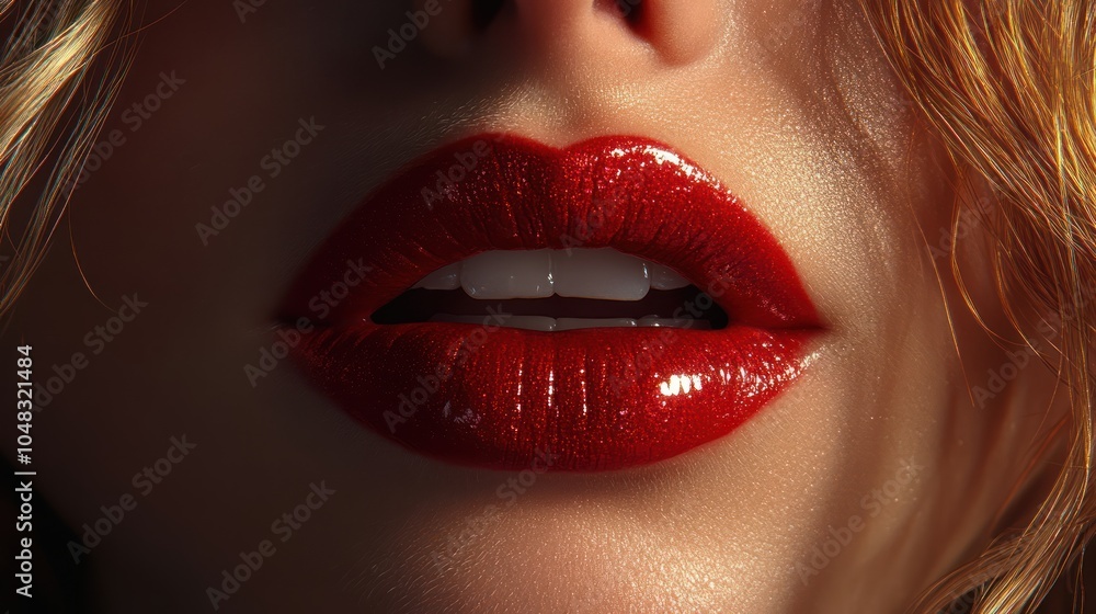 A woman lips in a 3D close-up, with glossy red lipstick applied perfectly, showing the texture of the lips and makeup detail. A woman lips in a 3D close-up, with glossy red lipstick applied perfectly, showing the texture of the lips and makeup detail.