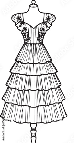 Gril dress drawing fashion illustration with long short Vector Template.