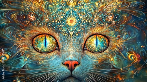A close-up view of a cat's eyes, rendered in a psychedelic style