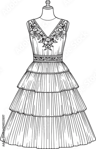 Gril dress drawing fashion illustration with long short Vector Template.