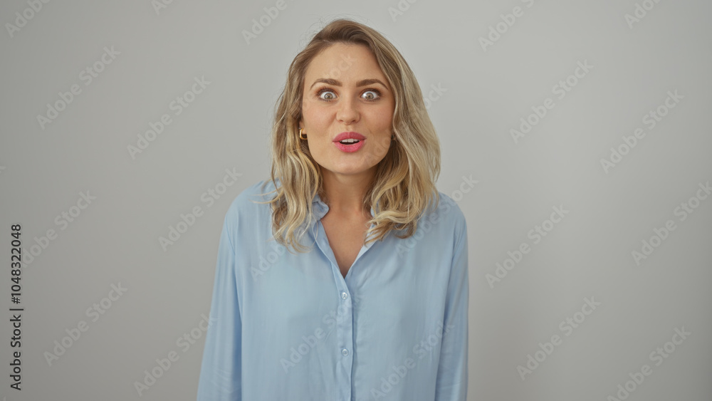 Obraz premium A surprised young caucasian woman with blonde hair wearing a light blue shirt against a white background.