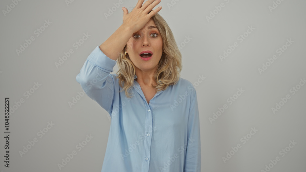 A surprised young blonde woman in a blue shirt with a white isolated background reacts with her hand on her forehead. A surprised young blonde woman in a blue shirt with a white isolated background reacts with her hand on her forehead.