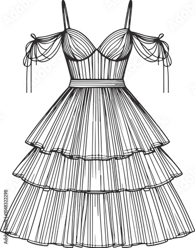 Gril dress drawing fashion illustration with long short Vector Template.